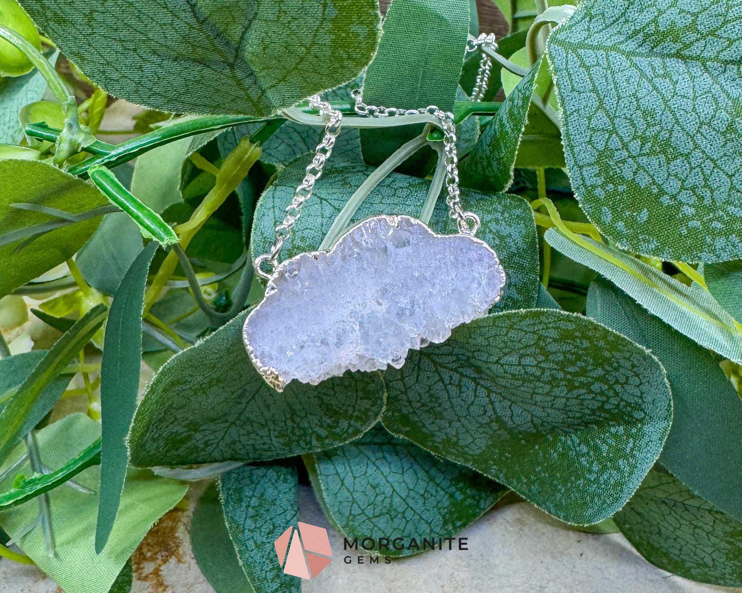Clear Quartz Cloud Necklace – Polished Druzy Crystal Cloud Pendant – Silver Tone Chain for Clarity, Focus, & High Vibrations