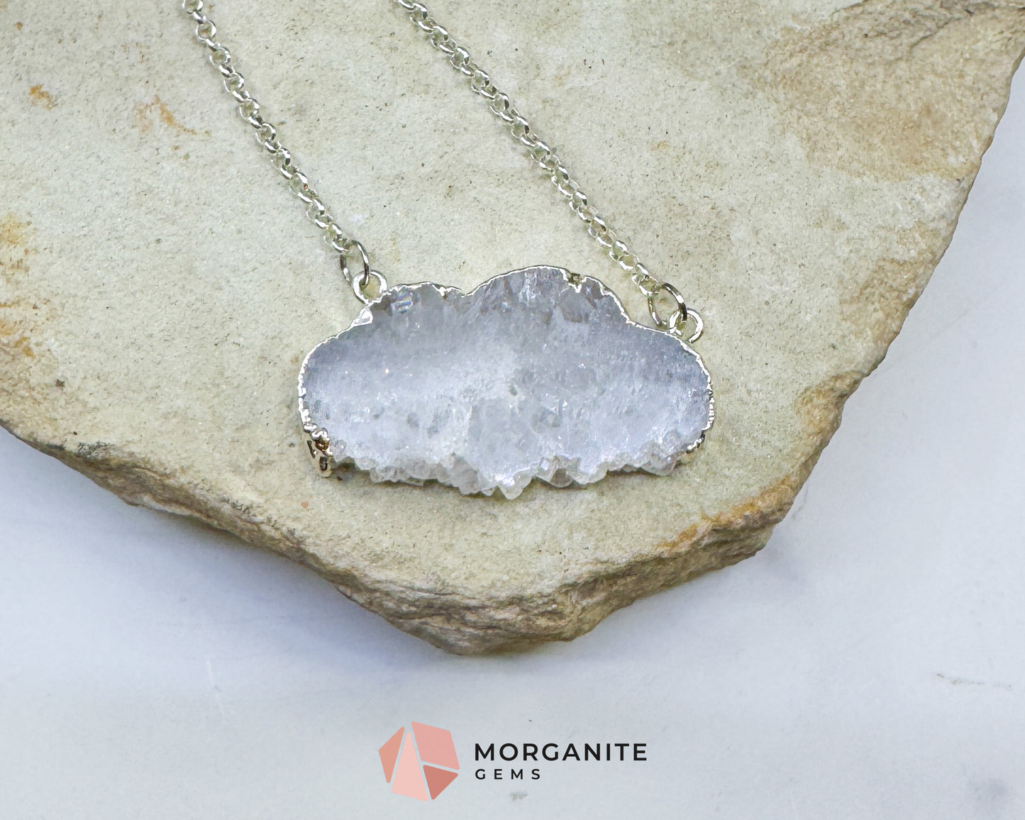Clear Quartz Cloud Necklace – Polished Druzy Crystal Cloud Pendant – Silver Tone Chain for Clarity, Focus, & High Vibrations