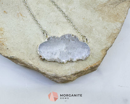 Clear Quartz Cloud Necklace – Polished Druzy Crystal Cloud Pendant – Silver Tone Chain for Clarity, Focus, & High Vibrations