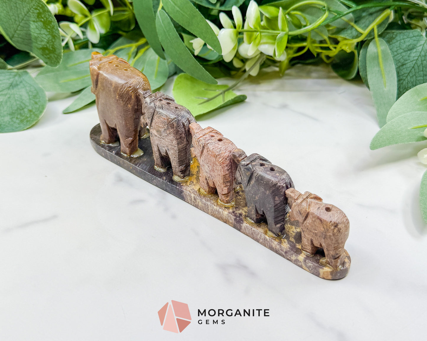 Hand-Carved Smooth Soapstone Elephant Train – 7" Natural Stone Family Sculpture – Decorative Elephant Figurine for Luck, Strength, & Wisdom