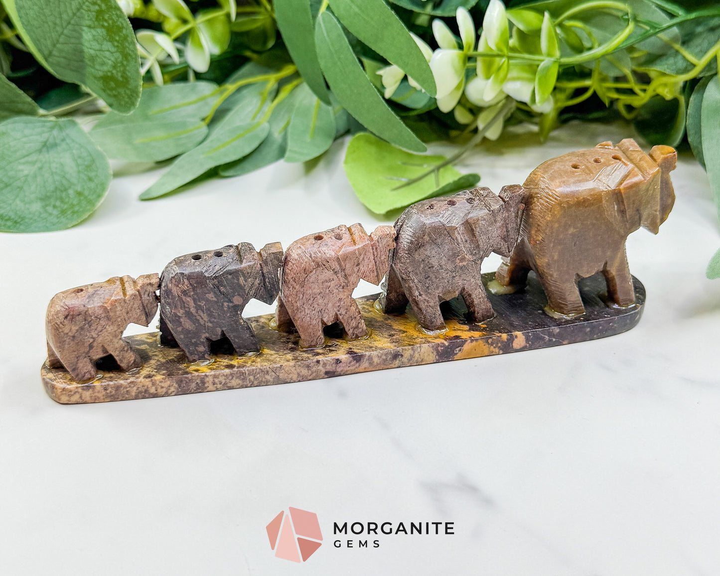 Hand-Carved Smooth Soapstone Elephant Train – 7" Natural Stone Family Sculpture – Decorative Elephant Figurine for Luck, Strength, & Wisdom