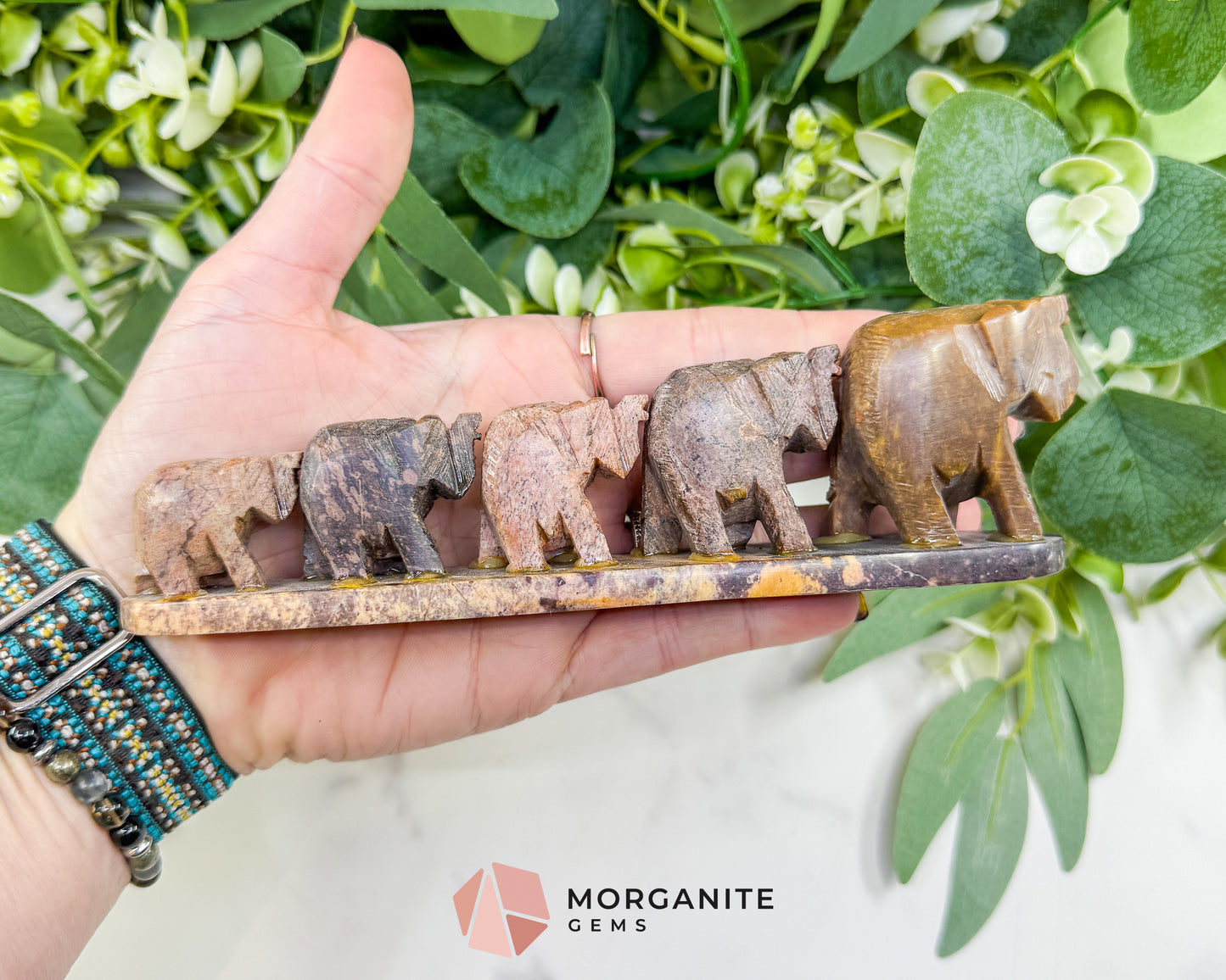 Hand-Carved Smooth Soapstone Elephant Train – 7" Natural Stone Family Sculpture – Decorative Elephant Figurine for Luck, Strength, & Wisdom