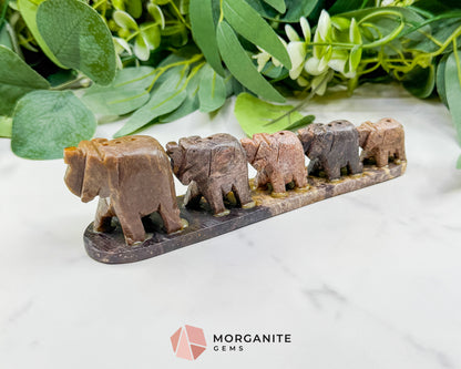 Hand-Carved Smooth Soapstone Elephant Train – 7" Natural Stone Family Sculpture – Decorative Elephant Figurine for Luck, Strength, & Wisdom
