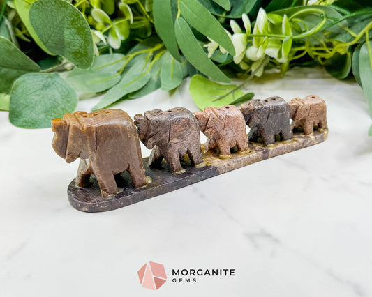Hand-Carved Smooth Soapstone Elephant Train – 7" Natural Stone Family Sculpture – Decorative Elephant Figurine for Luck, Strength, & Wisdom