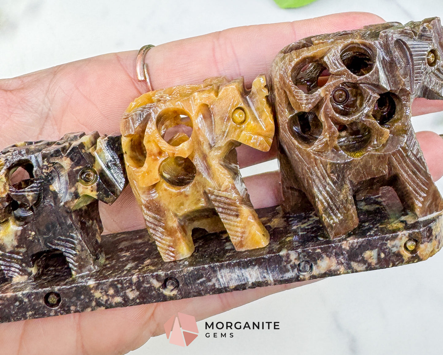 Hand-Carved Soapstone Elephant Train – 7" Undercut Lattice Sculpture – Natural Stone Family of Five Figurine for Luck & Wisdom