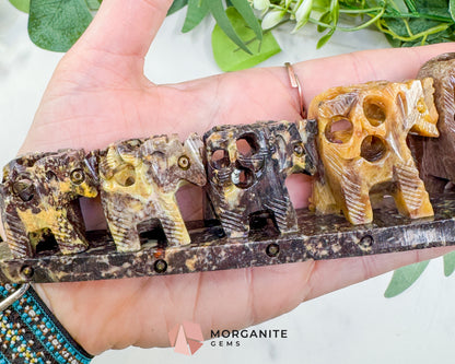 Hand-Carved Soapstone Elephant Train – 7" Undercut Lattice Sculpture – Natural Stone Family of Five Figurine for Luck & Wisdom