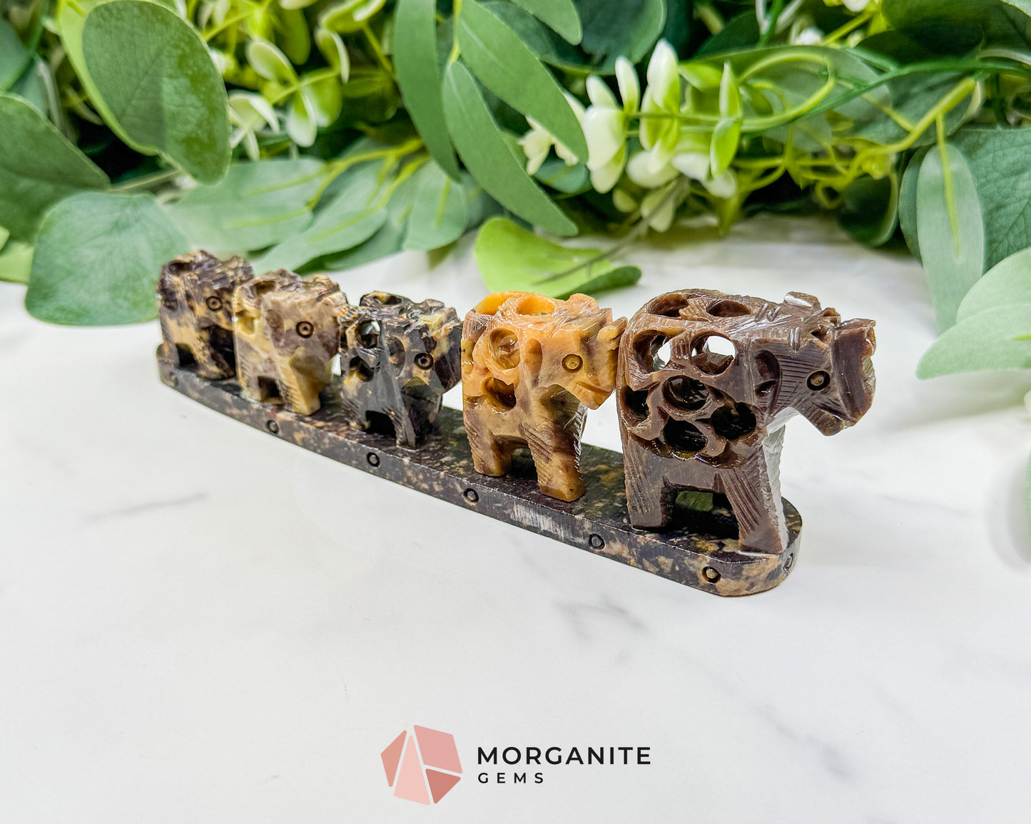 Hand-Carved Soapstone Elephant Train – 7" Undercut Lattice Sculpture – Natural Stone Family of Five Figurine for Luck & Wisdom
