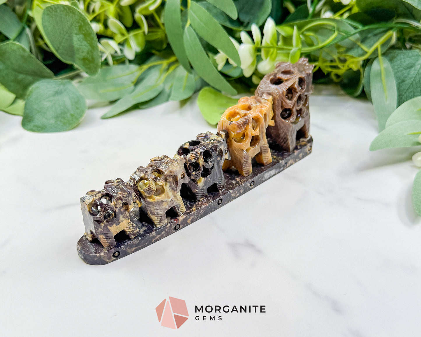 Hand-Carved Soapstone Elephant Train – 7" Undercut Lattice Sculpture – Natural Stone Family of Five Figurine for Luck & Wisdom