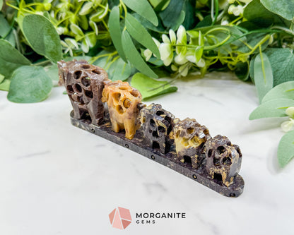 Hand-Carved Soapstone Elephant Train – 7" Undercut Lattice Sculpture – Natural Stone Family of Five Figurine for Luck & Wisdom