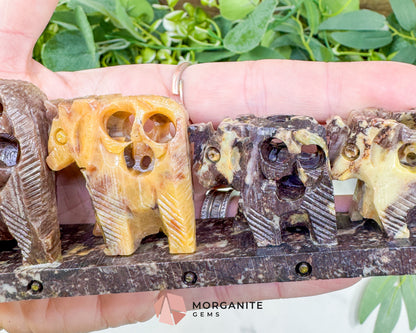 Hand-Carved Soapstone Elephant Train – 7" Undercut Lattice Sculpture – Natural Stone Family of Five Figurine for Luck & Wisdom