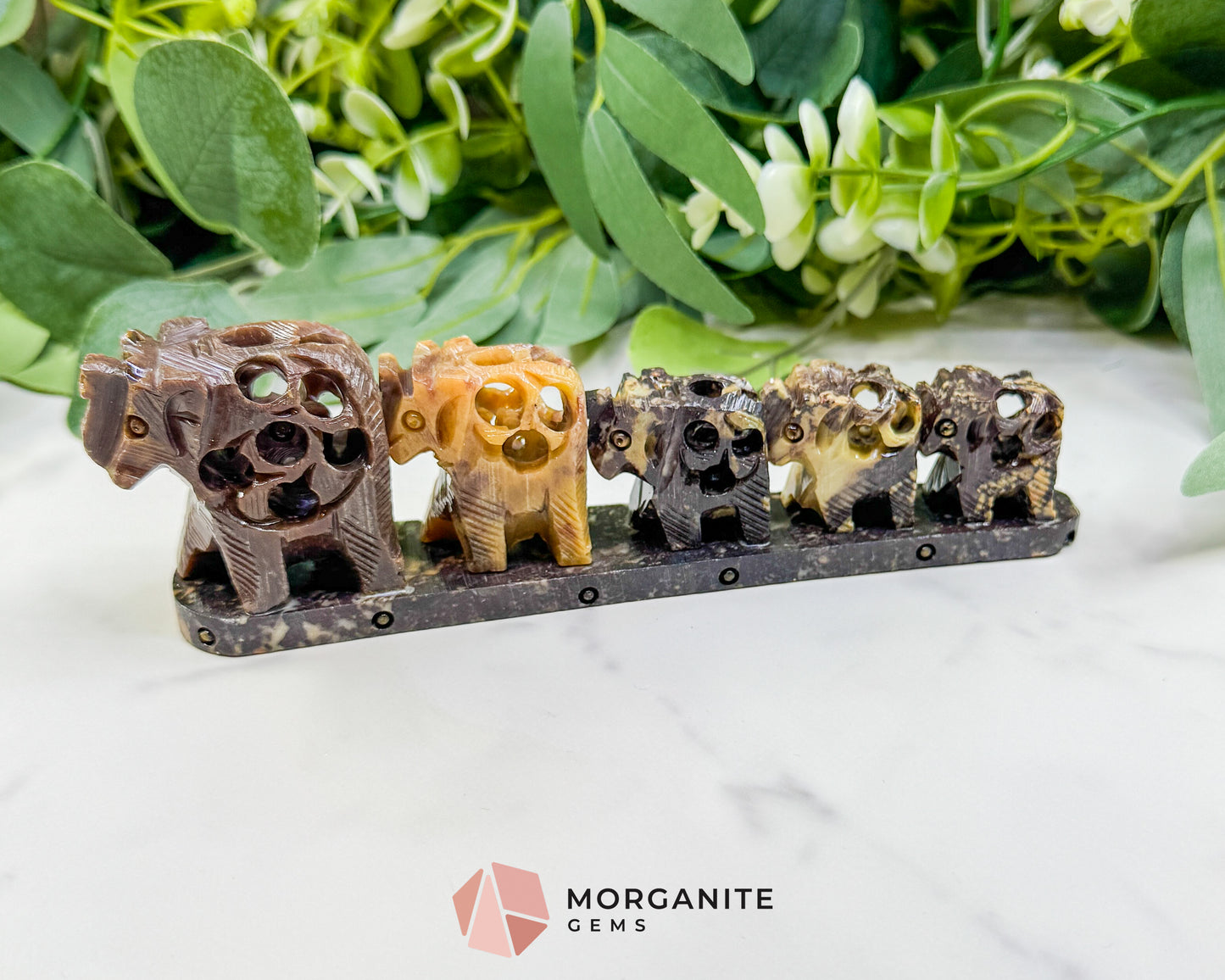 Hand-Carved Soapstone Elephant Train – 7" Undercut Lattice Sculpture – Natural Stone Family of Five Figurine for Luck & Wisdom