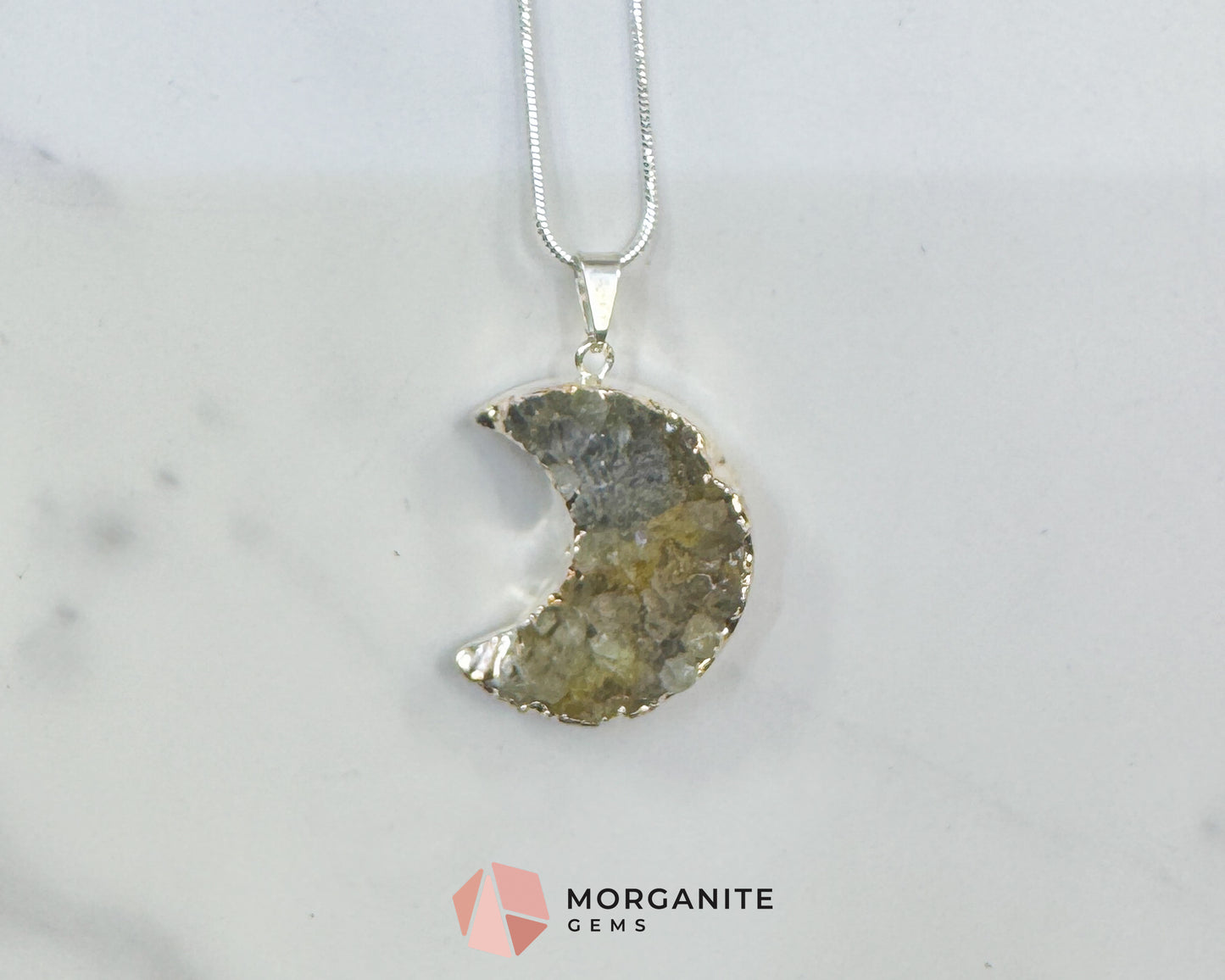 Grey Druzy Crescent Moon Pendant Necklace – Shimmering Raw Crystal Moon Jewelry – 22" Silver Snake Chain for Intuition & Lunar Energy
