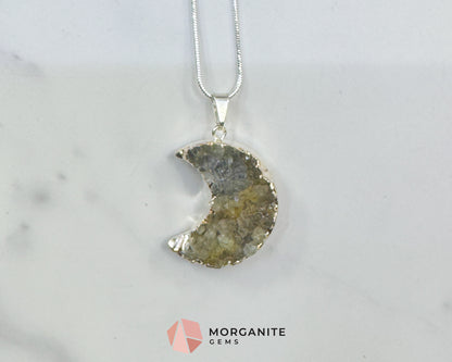 Grey Druzy Crescent Moon Pendant Necklace – Shimmering Raw Crystal Moon Jewelry – 22" Silver Snake Chain for Intuition & Lunar Energy