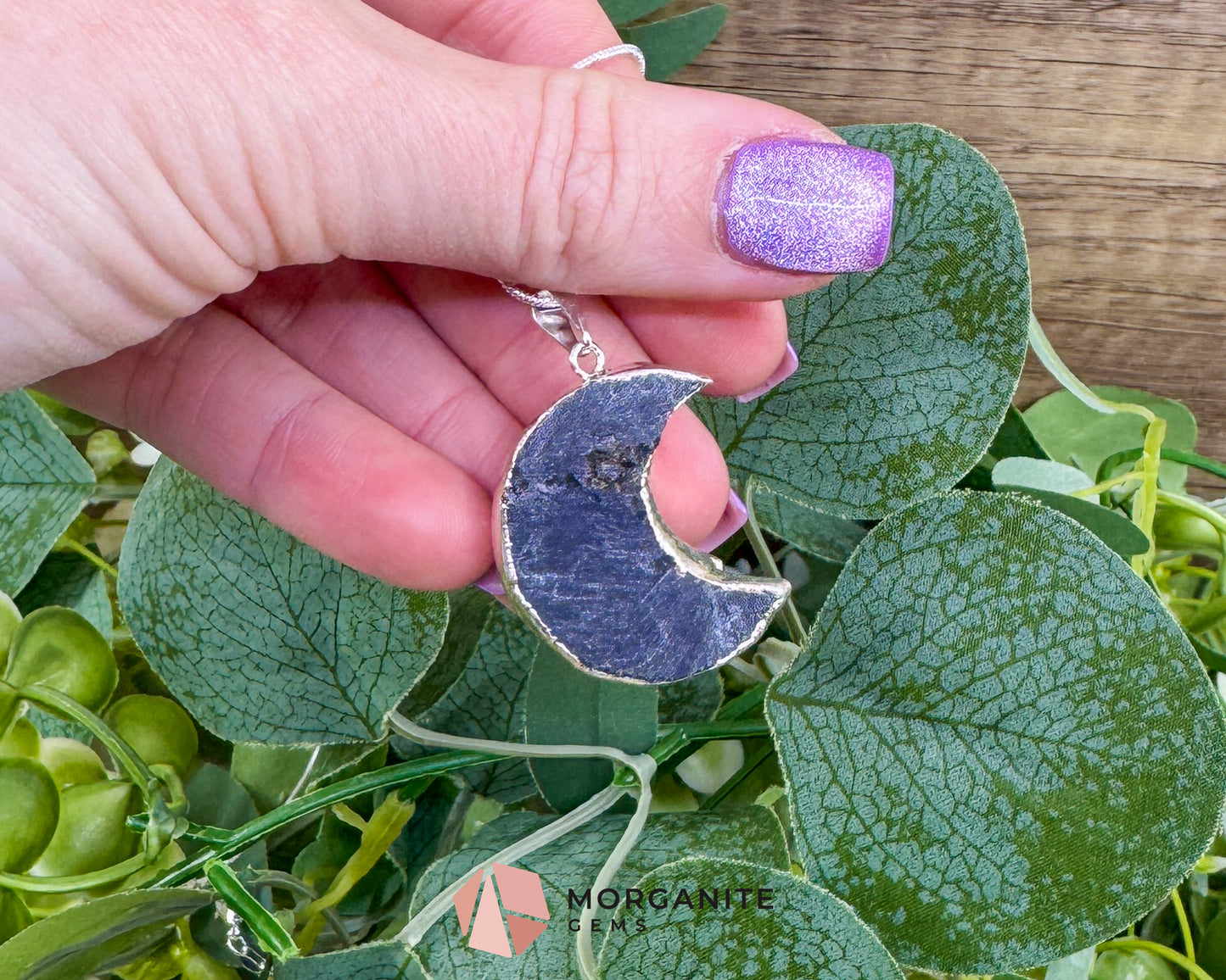 Grey Druzy Crescent Moon Pendant Necklace – Shimmering Raw Crystal Moon Jewelry – 22" Silver Snake Chain for Intuition & Lunar Energy