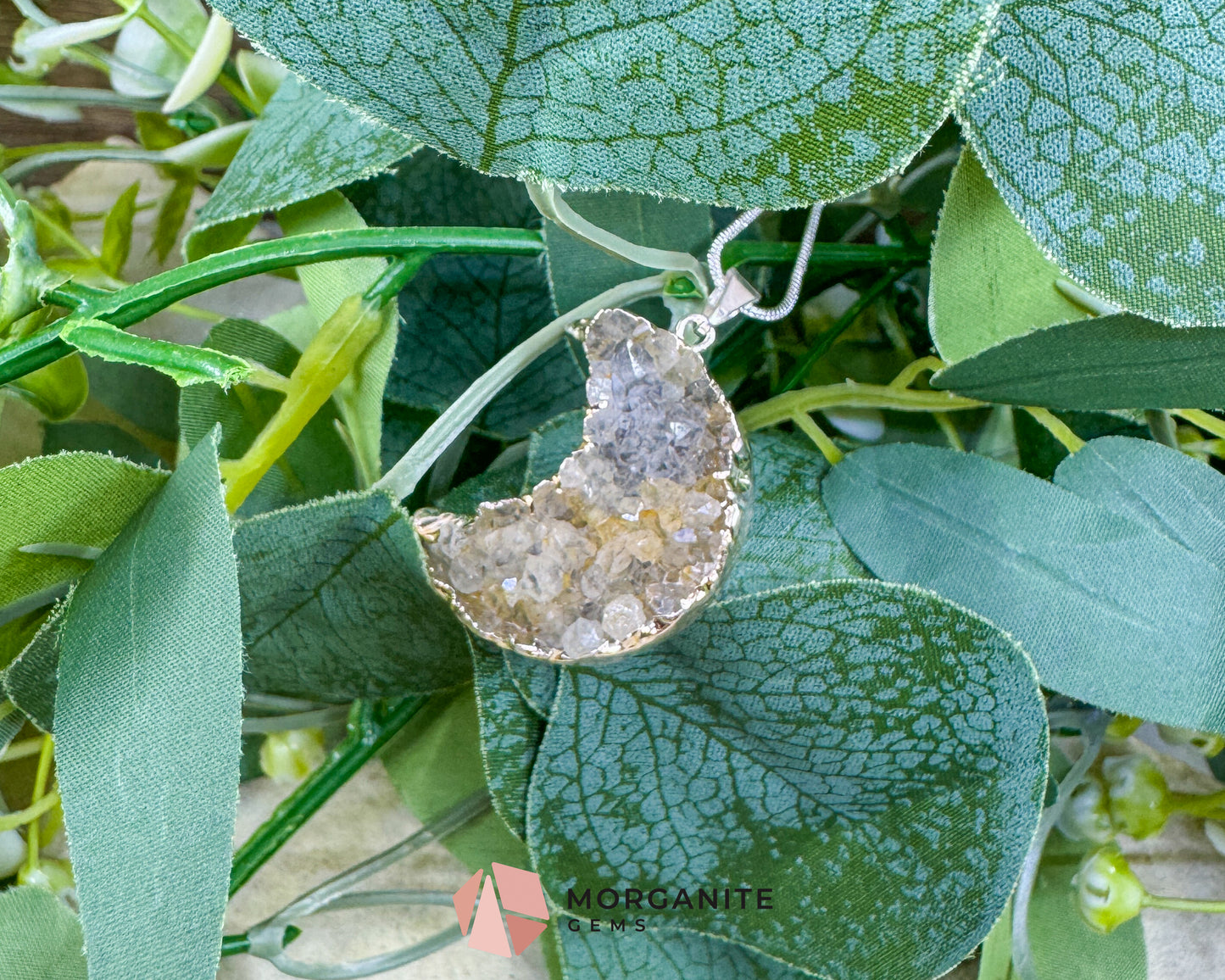 Grey Druzy Crescent Moon Pendant Necklace – Shimmering Raw Crystal Moon Jewelry – 22" Silver Snake Chain for Intuition & Lunar Energy