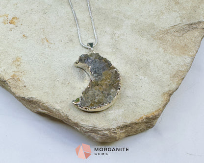 Grey Druzy Crescent Moon Pendant Necklace – Shimmering Raw Crystal Moon Jewelry – 22" Silver Snake Chain for Intuition & Lunar Energy
