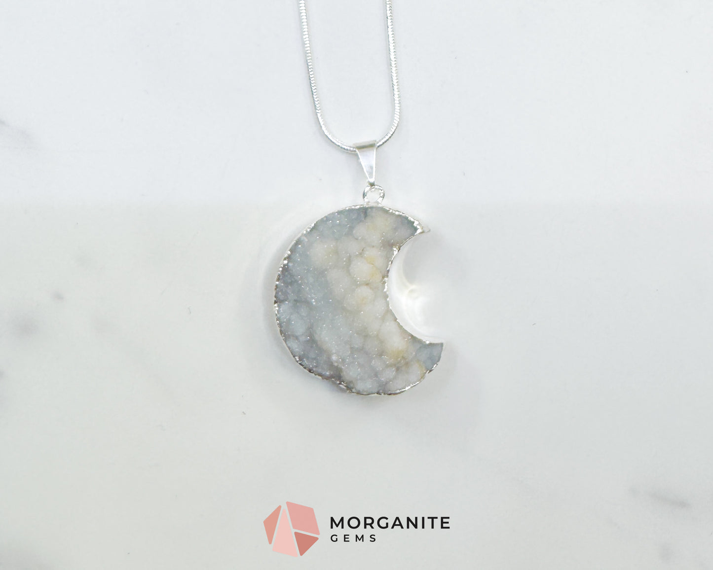 Light Grey Druzy Crescent Moon Pendant Necklace – Shimmering Silver Stalactite Druzy – 22" Snake Chain Celestial Jewelry
