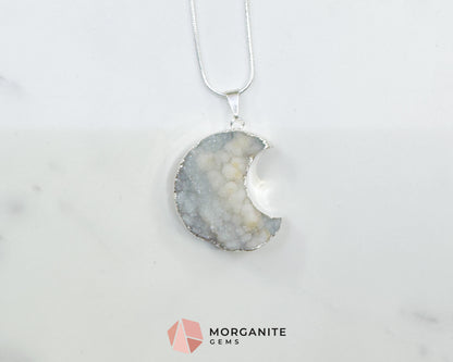 Light Grey Druzy Crescent Moon Pendant Necklace – Shimmering Silver Stalactite Druzy – 22" Snake Chain Celestial Jewelry