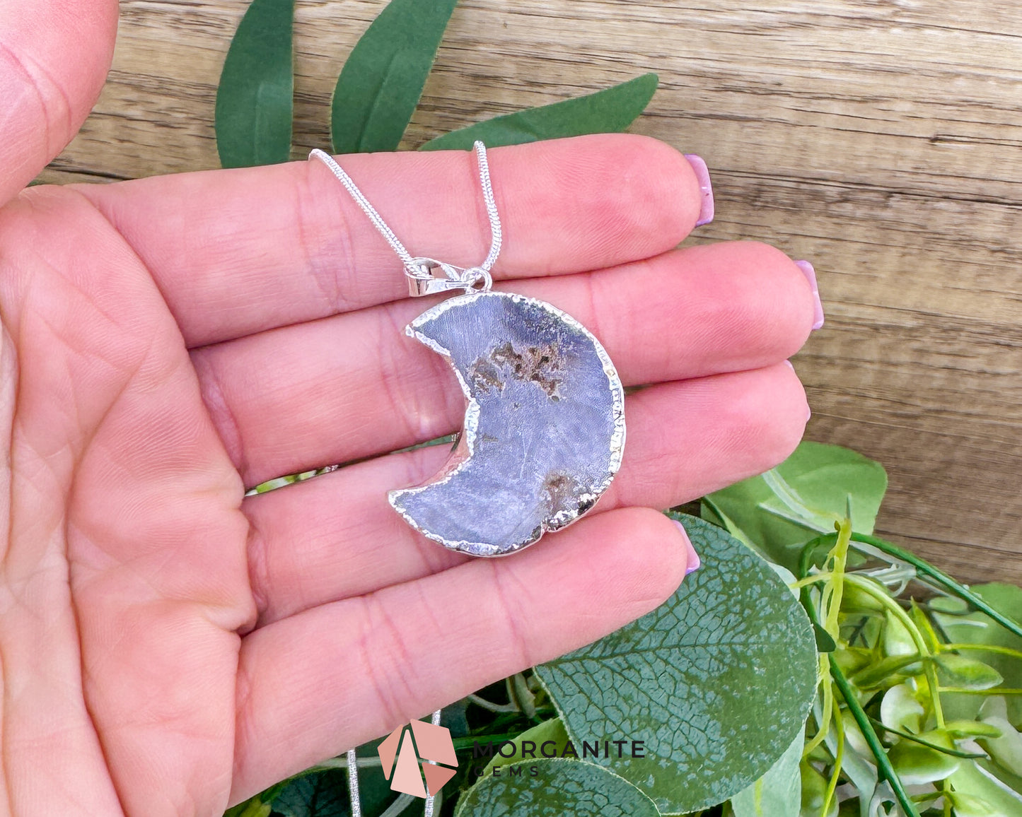 Light Grey Druzy Crescent Moon Pendant Necklace – Shimmering Silver Stalactite Druzy – 22" Snake Chain Celestial Jewelry