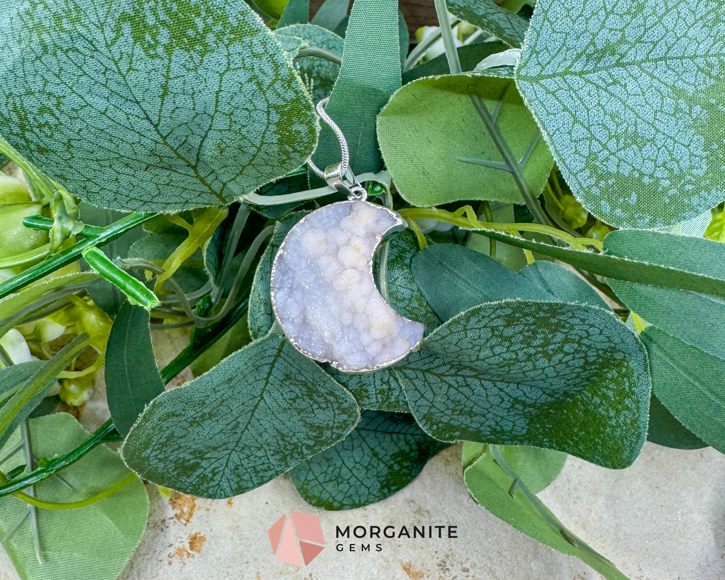 Light Grey Druzy Crescent Moon Pendant Necklace – Shimmering Silver Stalactite Druzy – 22" Snake Chain Celestial Jewelry