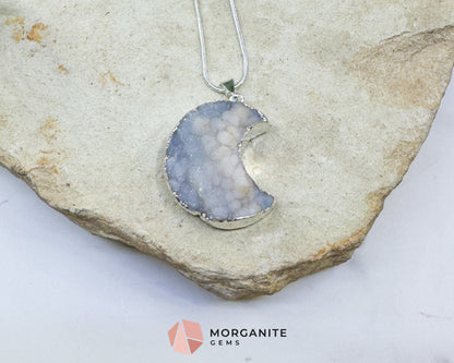 Light Grey Druzy Crescent Moon Pendant Necklace – Shimmering Silver Stalactite Druzy – 22" Snake Chain Celestial Jewelry