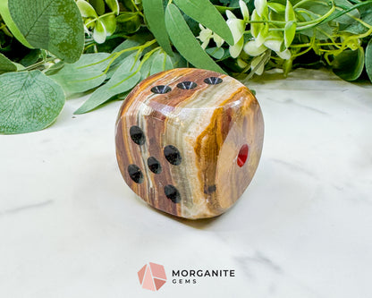 Large 2" Polished Banded Onyx Crystal Dice No.2 – Heavy Oversized Stone Die – Decorative Carved Gemstone for Game Room Decor, Luck, & Grounding
