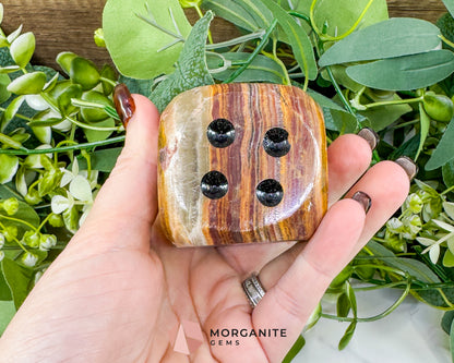Large 2" Polished Banded Onyx Crystal Dice No.2 – Heavy Oversized Stone Die – Decorative Carved Gemstone for Game Room Decor, Luck, & Grounding