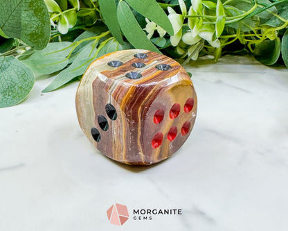 Large 2" Polished Banded Onyx Crystal Dice No.2 – Heavy Oversized Stone Die – Decorative Carved Gemstone for Game Room Decor, Luck, & Grounding