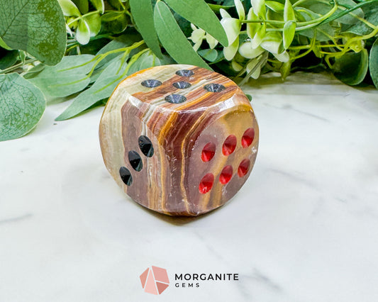 Large 2" Polished Banded Onyx Crystal Dice No.2 – Heavy Oversized Stone Die – Decorative Carved Gemstone for Game Room Decor, Luck, & Grounding