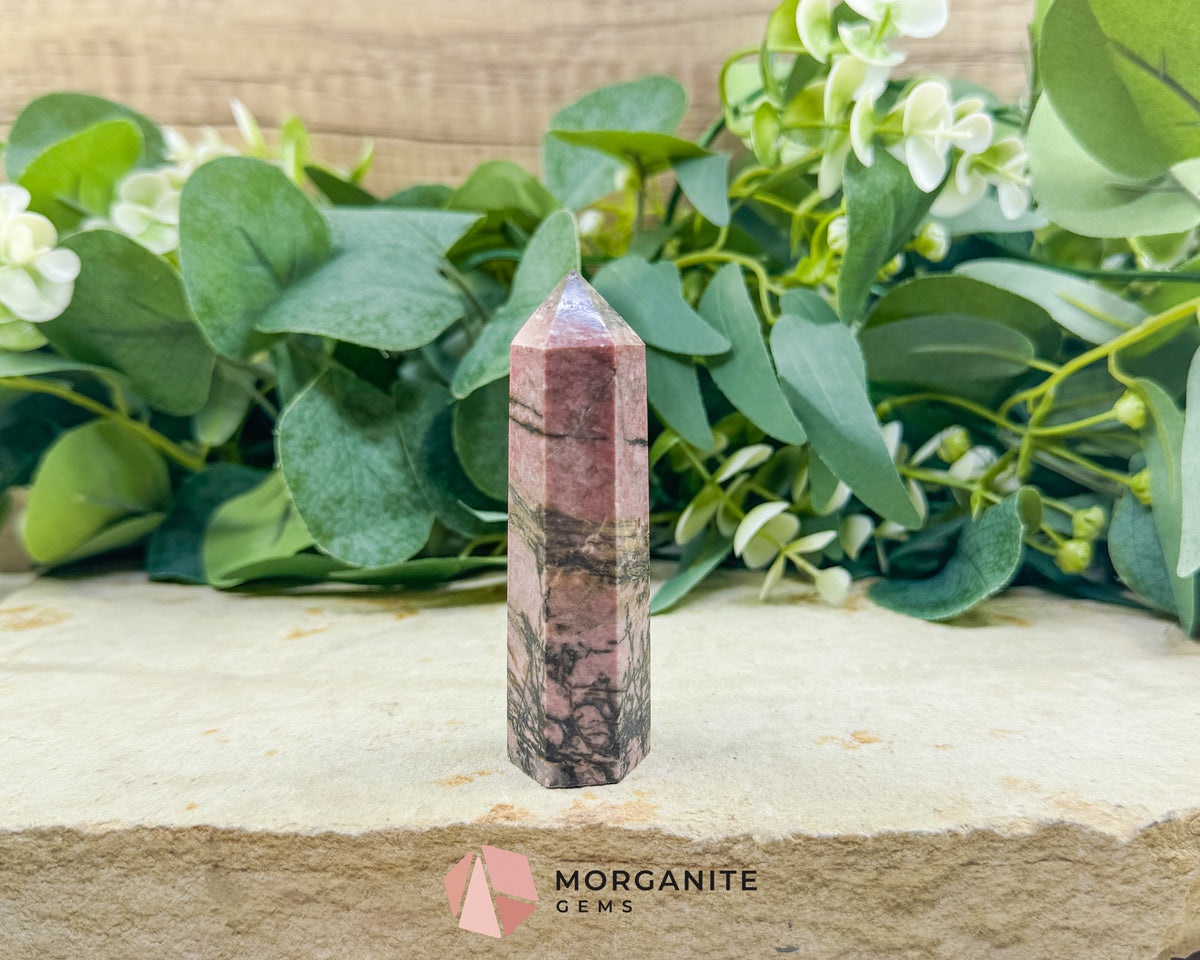 Rhodonite Tower Point Crystal | Emotional Healing Heart Chakra Stone | 3.4 Inch Pink Gemstone Obelisk