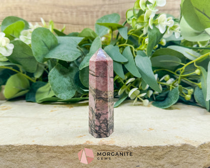 Rhodonite Tower Point Crystal | Emotional Healing Heart Chakra Stone | 3.4 Inch Pink Gemstone Obelisk