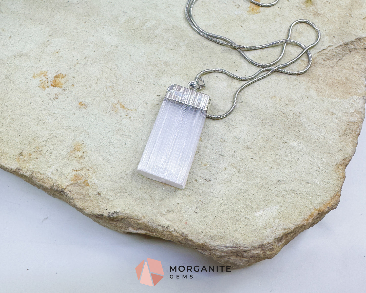 Selenite Crystal Pendant Necklace – Raw Satin Spar Necklace with 18" Silver Plated Snake Chain – Crown Chakra Jewelry for Clarity & Peace