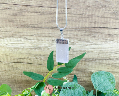 Selenite Crystal Pendant Necklace – Raw Satin Spar Necklace with 18" Silver Plated Snake Chain – Crown Chakra Jewelry for Clarity & Peace