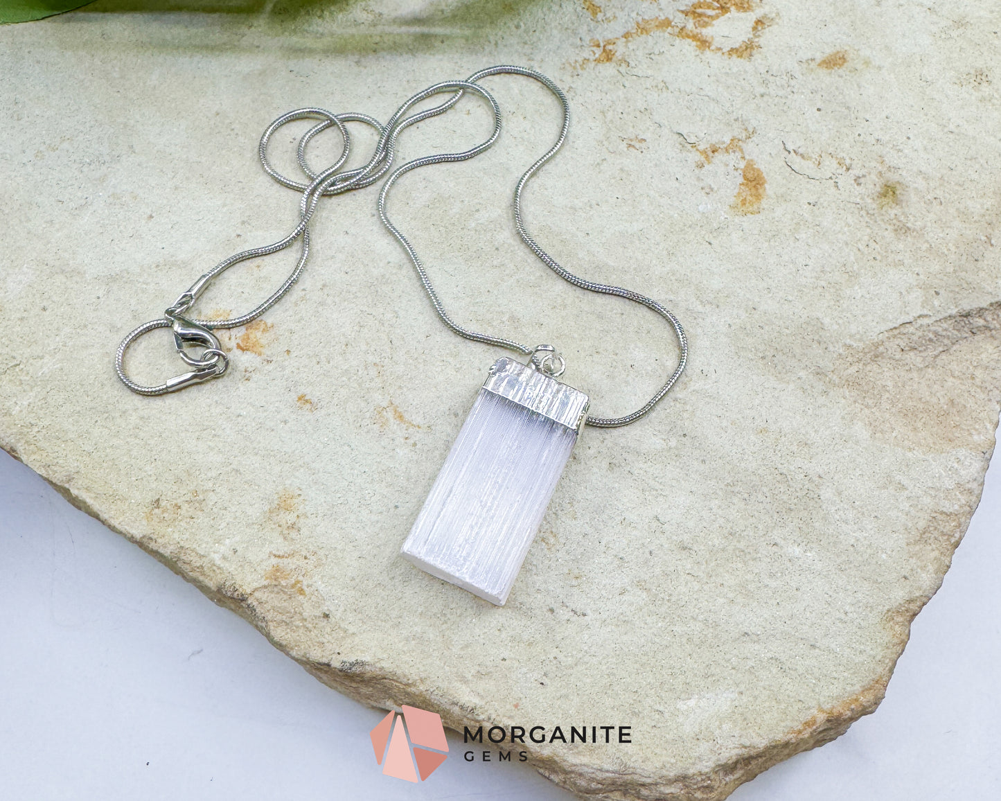 Selenite Crystal Pendant Necklace – Raw Satin Spar Necklace with 18" Silver Plated Snake Chain – Crown Chakra Jewelry for Clarity & Peace