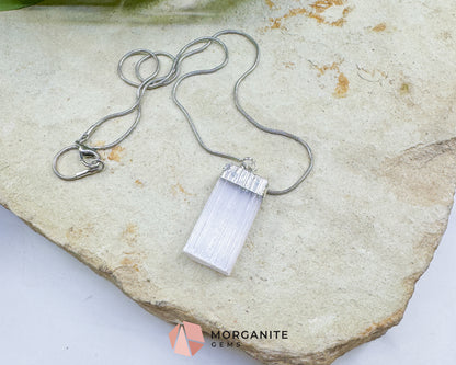 Selenite Crystal Pendant Necklace – Raw Satin Spar Necklace with 18" Silver Plated Snake Chain – Crown Chakra Jewelry for Clarity & Peace