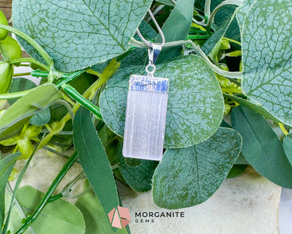 Selenite Crystal Pendant Necklace – Raw Satin Spar Necklace with 18" Silver Plated Snake Chain – Crown Chakra Jewelry for Clarity & Peace