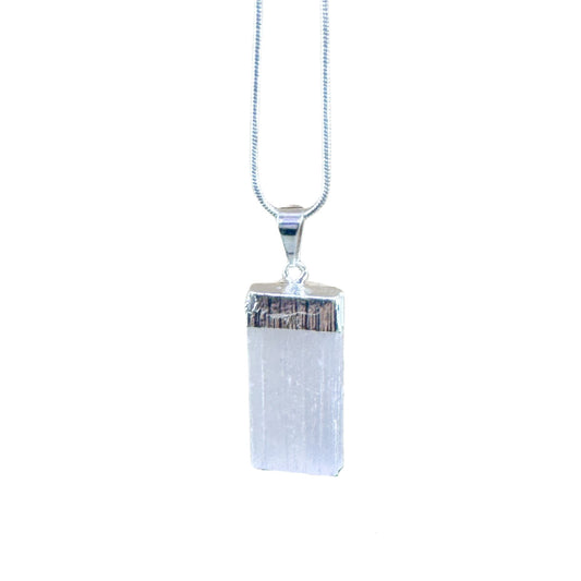 Selenite Crystal Pendant Necklace – Raw Satin Spar Necklace with 18" Silver Plated Snake Chain – Crown Chakra Jewelry for Clarity & Peace
