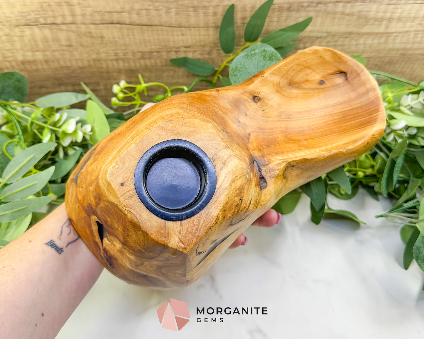 Handcrafted Shan Mu Wood Tealight & Crystal Sphere Holder – Natural Root Wood Altar Decor & Meditation Accent