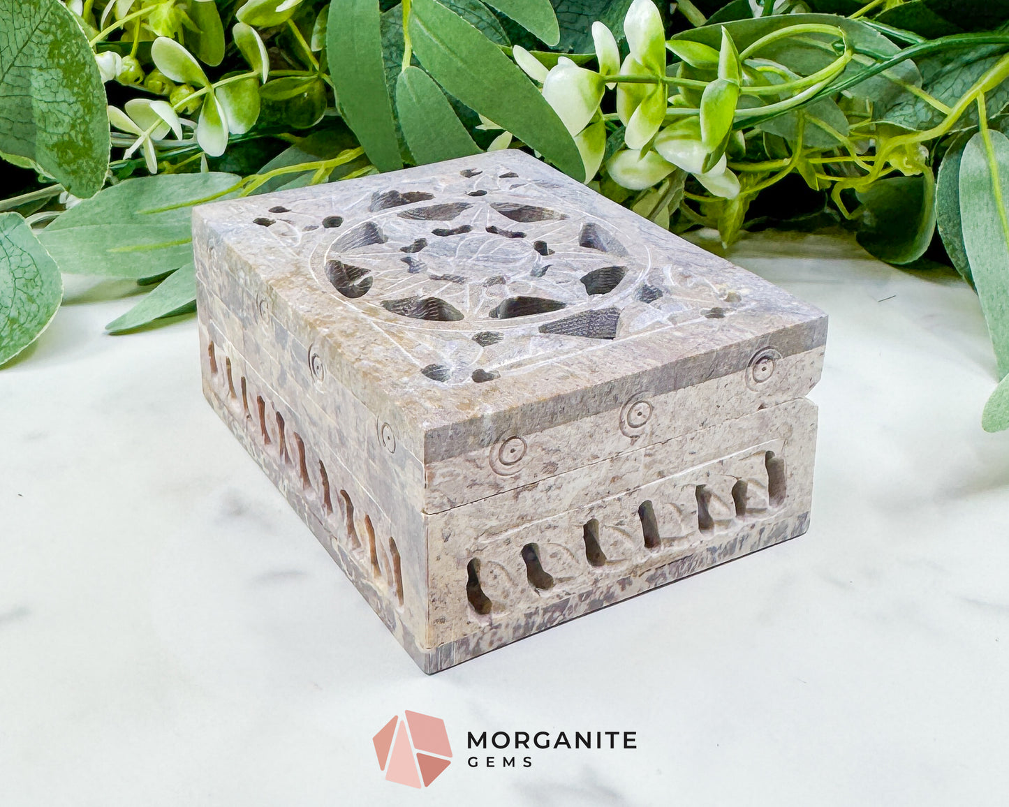 Hand-Carved Soapstone Jewelry Box – 4" Hinged Lattice Keepsake Chest – Natural Stone Trinket Box for Crystals, Jewelry, & Altar Supplies