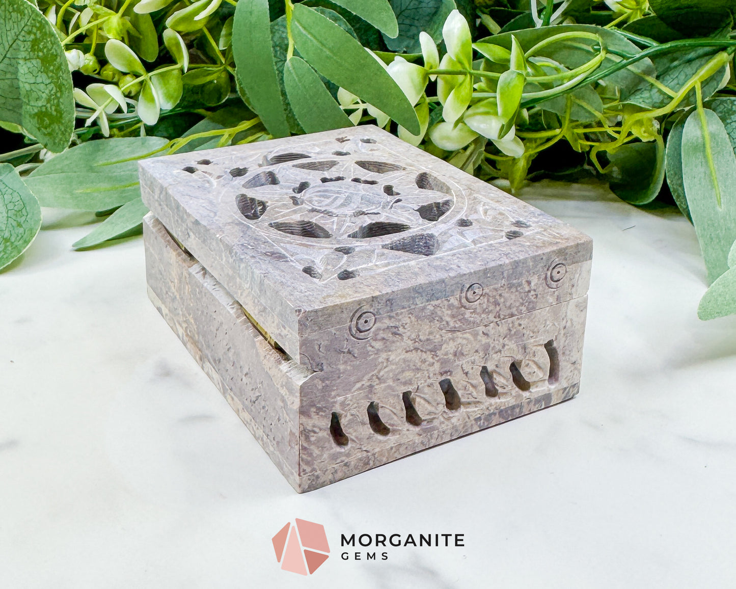 Hand-Carved Soapstone Jewelry Box – 4" Hinged Lattice Keepsake Chest – Natural Stone Trinket Box for Crystals, Jewelry, & Altar Supplies