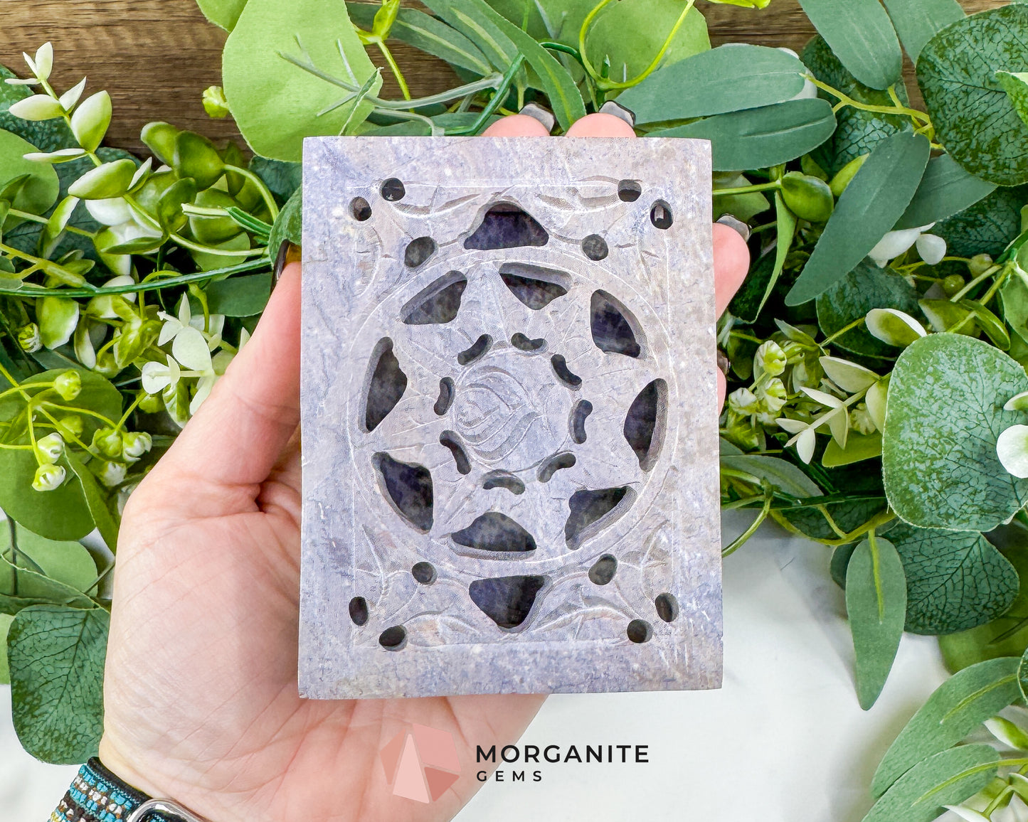 Hand-Carved Soapstone Jewelry Box – 4" Hinged Lattice Keepsake Chest – Natural Stone Trinket Box for Crystals, Jewelry, & Altar Supplies