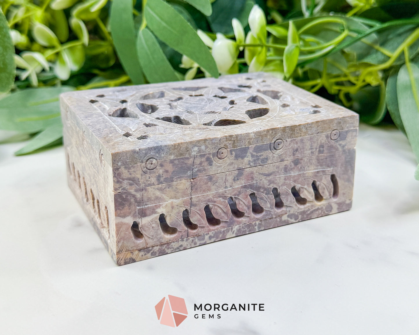 Hand-Carved Soapstone Jewelry Box – 4" Hinged Lattice Keepsake Chest – Natural Stone Trinket Box for Crystals, Jewelry, & Altar Supplies