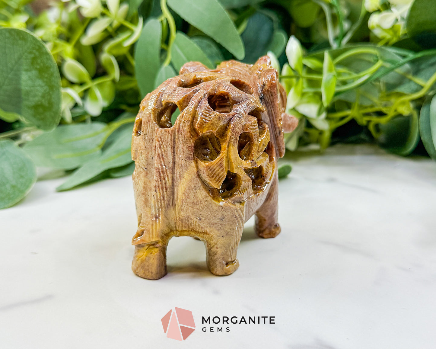 Hand-Carved Soapstone Undercut Elephant No.1 – 3.4" Lattice Sculpture with Baby Inside – Natural Stone Elephant Figurine for Wisdom & Luck