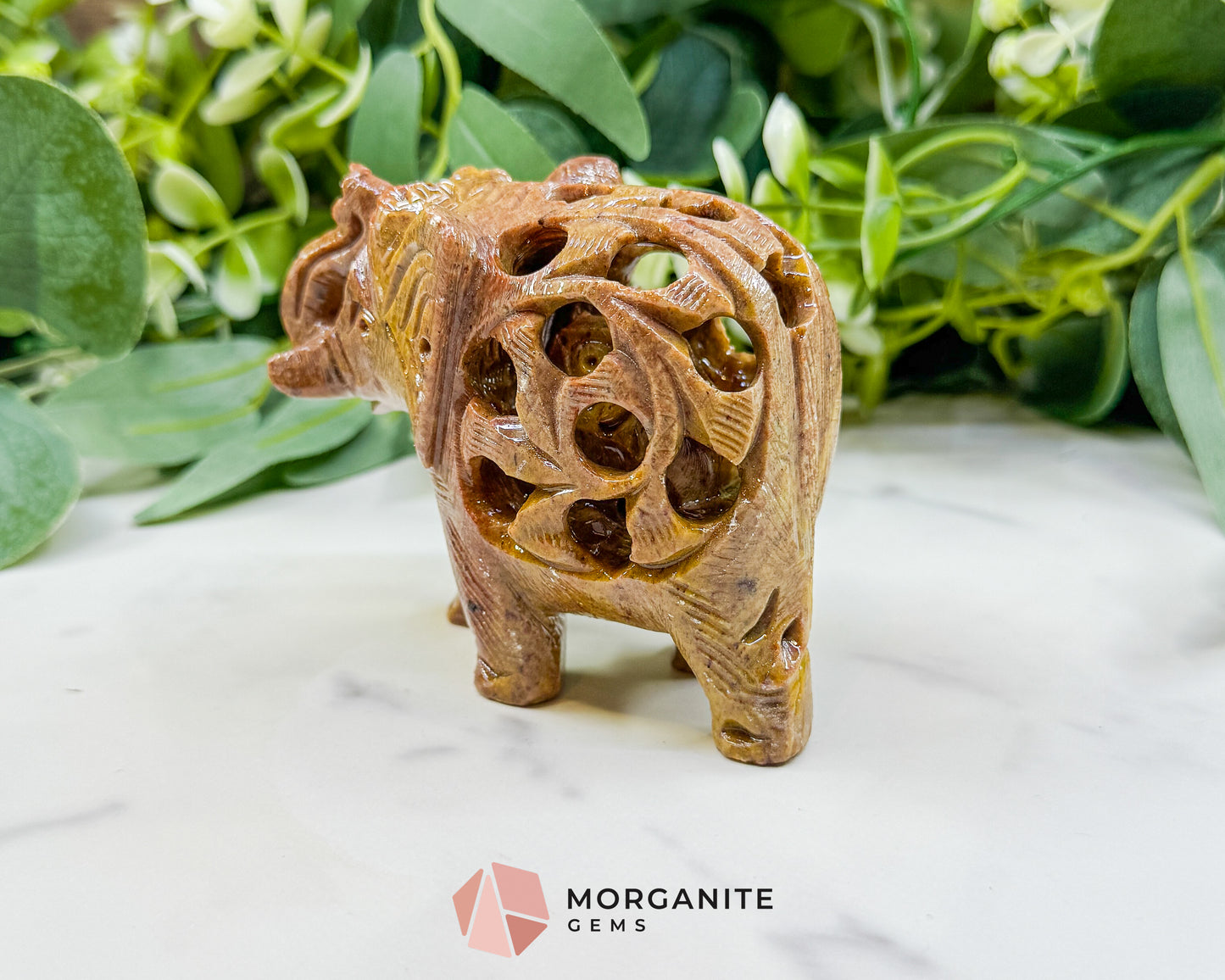 Hand-Carved Soapstone Undercut Elephant No.1 – 3.4" Lattice Sculpture with Baby Inside – Natural Stone Elephant Figurine for Wisdom & Luck
