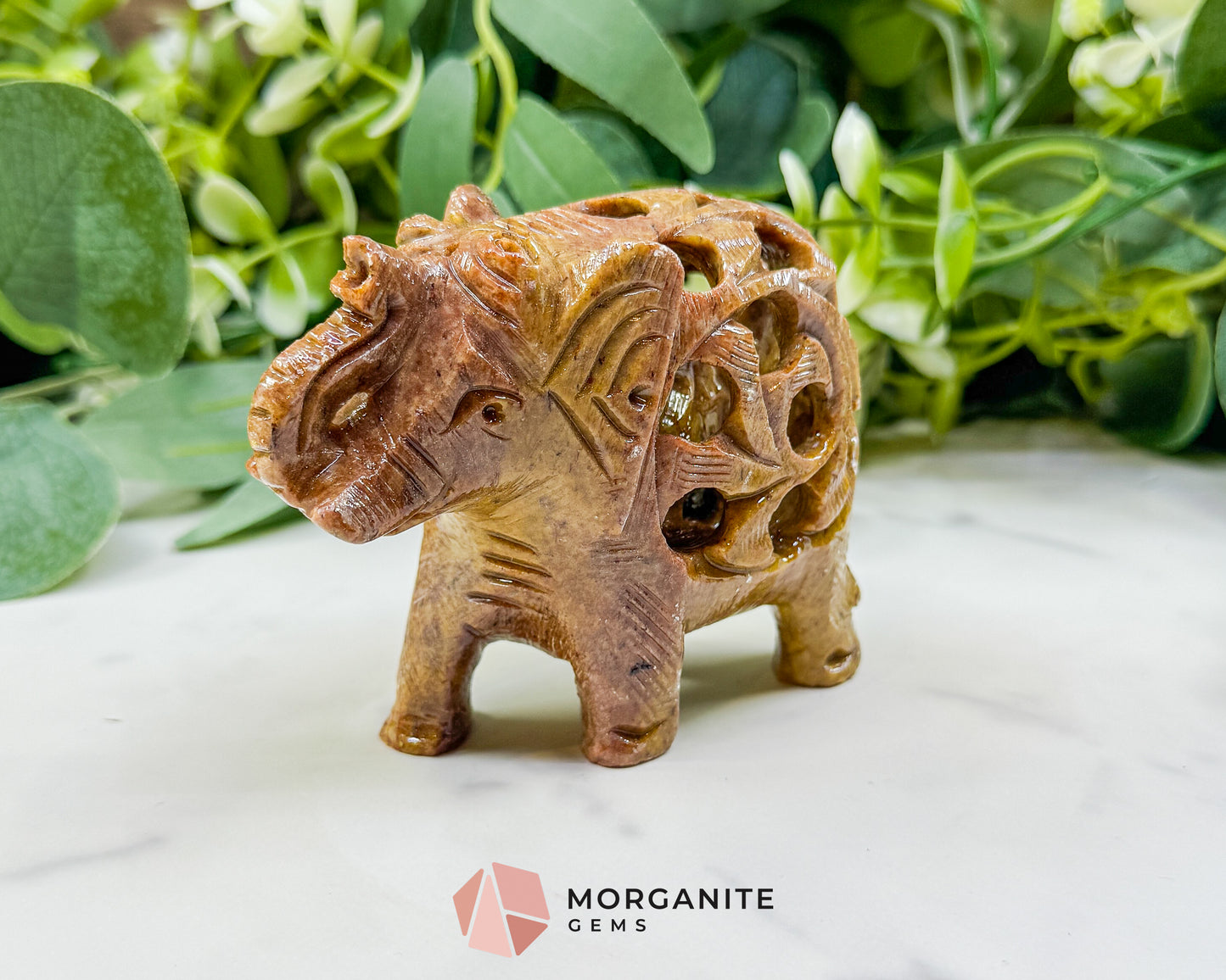 Hand-Carved Soapstone Undercut Elephant No.1 – 3.4" Lattice Sculpture with Baby Inside – Natural Stone Elephant Figurine for Wisdom & Luck