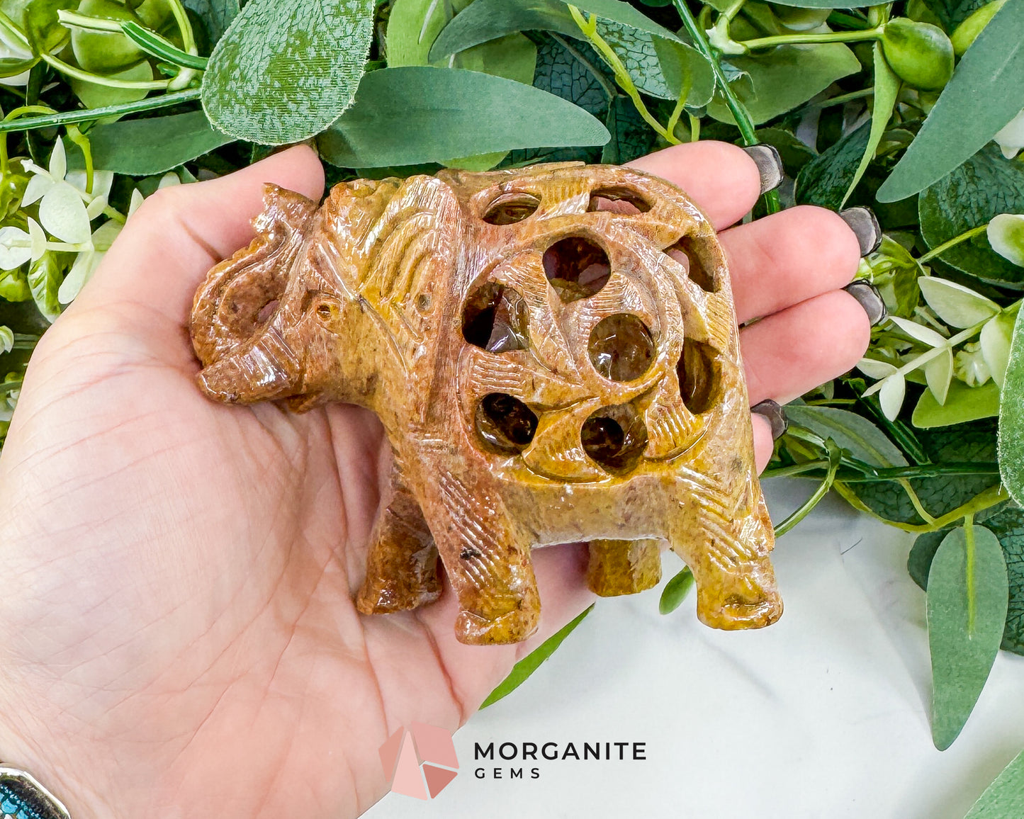 Hand-Carved Soapstone Undercut Elephant No.1 – 3.4" Lattice Sculpture with Baby Inside – Natural Stone Elephant Figurine for Wisdom & Luck