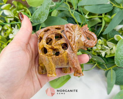 Hand-Carved Soapstone Undercut Elephant No.1 – 3.4" Lattice Sculpture with Baby Inside – Natural Stone Elephant Figurine for Wisdom & Luck