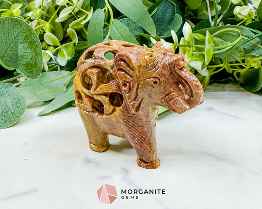 Hand-Carved Soapstone Undercut Elephant No.1 – 3.4" Lattice Sculpture with Baby Inside – Natural Stone Elephant Figurine for Wisdom & Luck