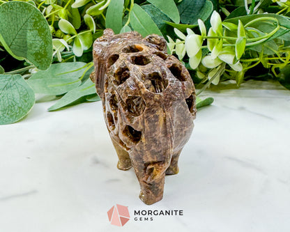 Hand-Carved Soapstone Undercut Elephant No.2 – 3.4" Lattice Sculpture with Baby Inside – Natural Stone Elephant Figurine for Wisdom & Luck