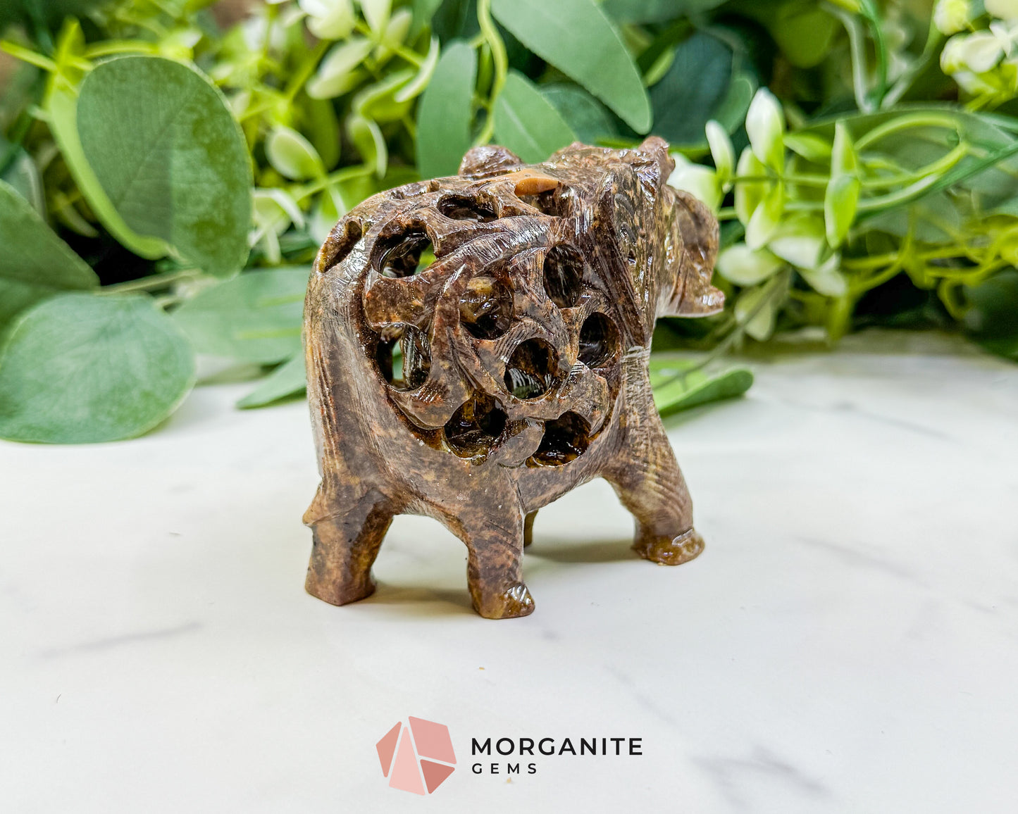 Hand-Carved Soapstone Undercut Elephant No.2 – 3.4" Lattice Sculpture with Baby Inside – Natural Stone Elephant Figurine for Wisdom & Luck